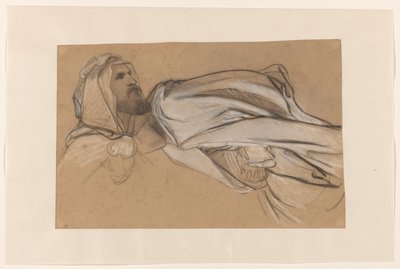 Studies voor de prediking van Johannes de Doper in de woestijn: mannenkop en draperiestudie van een zittende figuur door Cornelis Kruseman