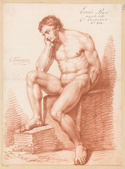 Zittend mannelijk naakt, van voren gezien (1e prijs 1814) door Cornelis Kruseman
