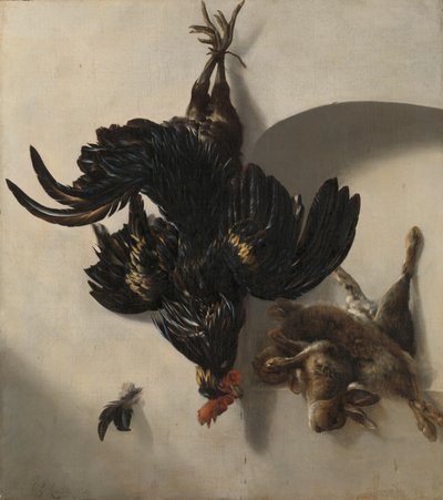 Stilleven met zwarte haan en twee konijnen door Cornelis Lelienbergh