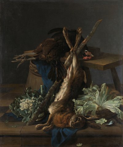 Stilleven met haas en een zwarte haan door Cornelis Lelienbergh