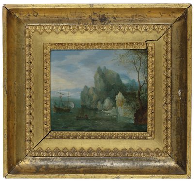 Een Rotsachtig Kustlandschap met Figuren aan de Oever en een Gemeerde Galerij door Cornelis Liefrinck