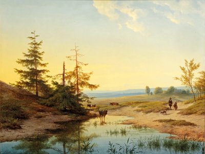 Een heide met figuren en vee bij een vijver door Cornelis Lieste