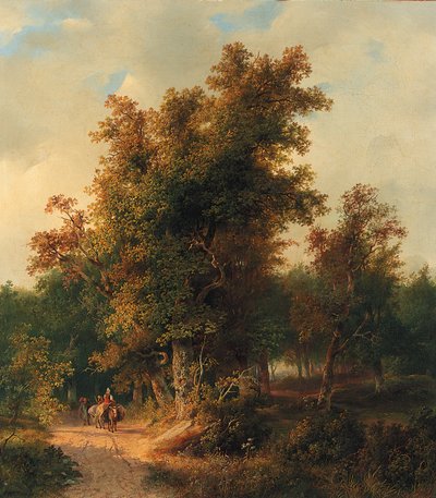 Een bosrijk landschap met reizigers op een zandpad door Cornelis Lieste