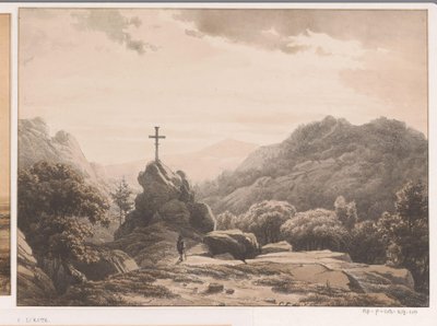 Berglandschap met kruis op een rots door Cornelis Lieste