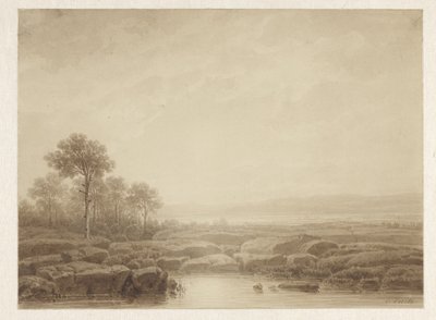 Landschap met rotsen bij water door Cornelis Lieste