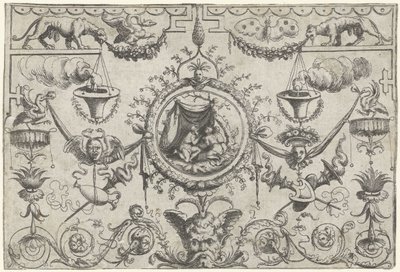 Ornament met drie figuren geknield onder een doek door Cornelis Massijs (attributed to)