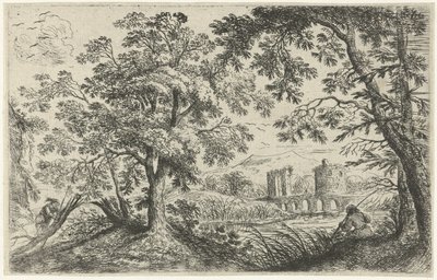 Landschap met een visser door Cornelis Matthieu