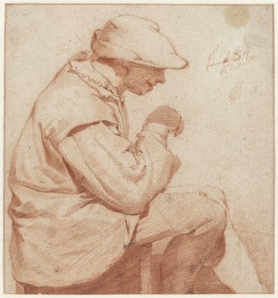 Zittende man met een zachte pet, profiel naar rechts, met zijn rechterhand opgeheven door Cornelis Pietersz. Bega (attributed to)