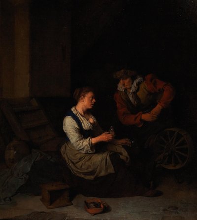Een ridder en een vrouw aan het spinnewiel door Cornelis Pietersz. Bega