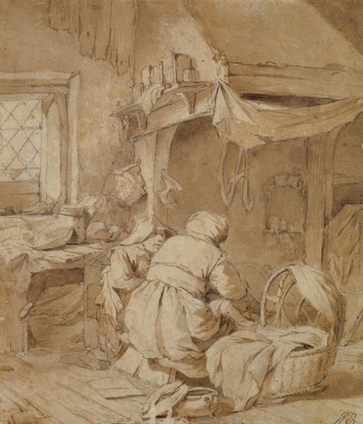 Boerenhuiskamer met Boer, Wieg en Kind, c.1654 door Cornelis Pietersz Bega