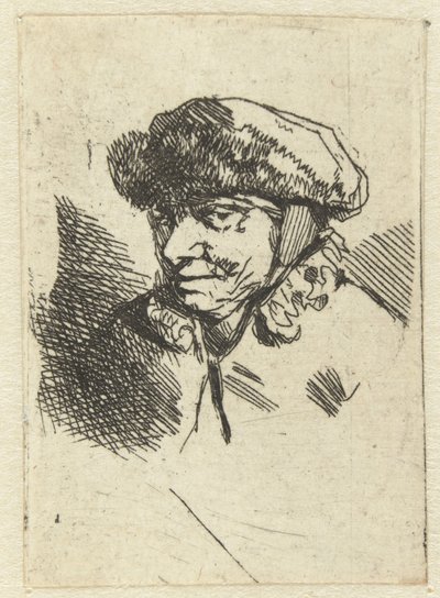 Oude vrouw met bontmuts door Cornelis Pietersz. Bega