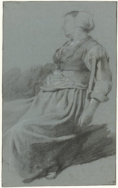 Zittende vrouw, naar links en met een hoed, met haar arm over de rug van een stoel door Cornelis Pietersz. Bega