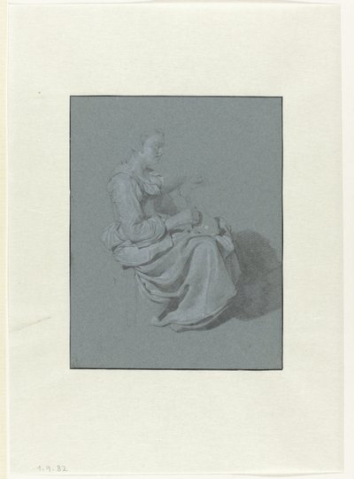 Zittende vrouw, in profiel naar rechts, met een kruik in haar rechterhand door Cornelis Pietersz. Bega