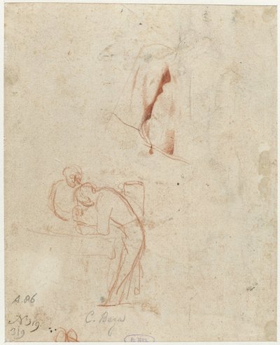 Schets van twee staande figuren en een draperiestudie door Cornelis Pietersz. Bega