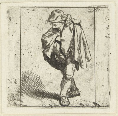 Staande man met de rechterhand op de borst in zijn mantel gestoken door Cornelis Pietersz. Bega