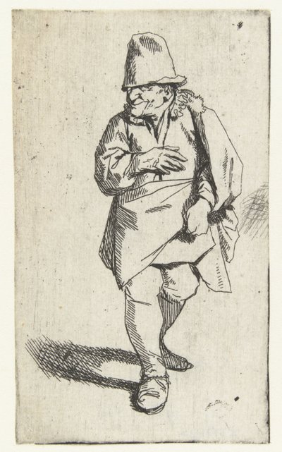 Staande man met hoge hoed of muts, rechterhand voor borst door Cornelis Pietersz. Bega