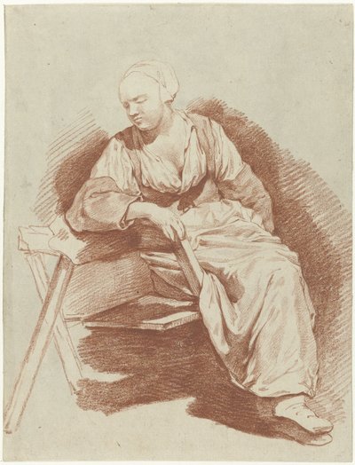 Studie van een zittende vrouw, leunend op haar rechterarm door Cornelis Pietersz. Bega