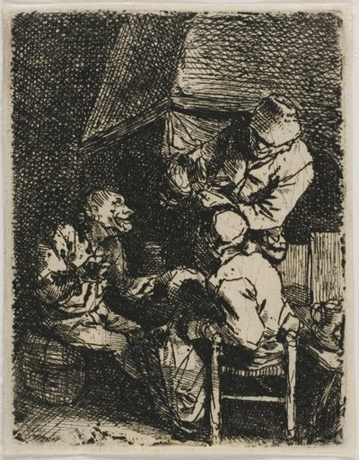 Drie boeren bij een haardvuur door Cornelis Pietersz. Bega