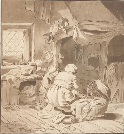 Boereninterieur met twee vrouwen door Cornelis Ploos van Amstel (signed by artist)