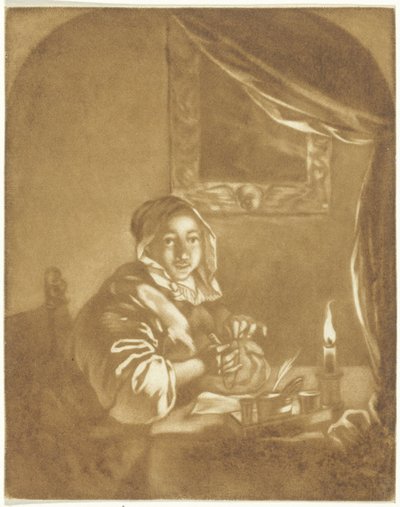 Dame bij kaarslicht door Cornelis Ploos van Amstel (signed by artist)