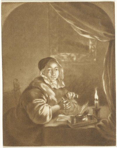 Dame bij kaarslicht door Cornelis Ploos van Amstel (signed by artist)