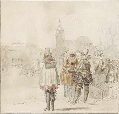 Elegant gezelschap op het ijs door Cornelis Ploos van Amstel (signed by artist)