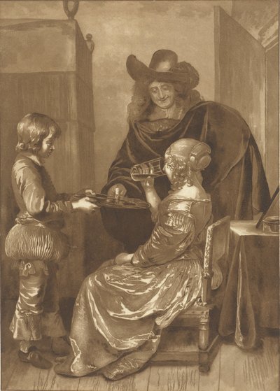 Heer en dame met page door Cornelis Ploos van Amstel (signed by artist)