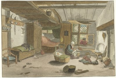 Interieur met vrouw bij wieg door Cornelis Ploos van Amstel (signed by artist)