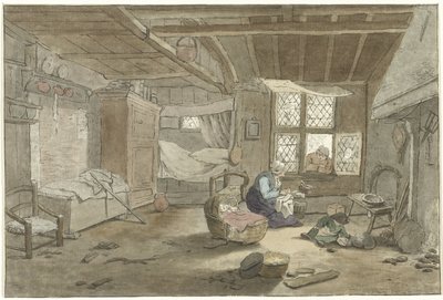 Interieur met vrouw bij wieg door Cornelis Ploos van Amstel (signed by artist)