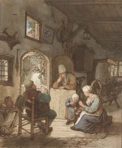 Krantlezer in interieur door Cornelis Ploos van Amstel (signed by artist)