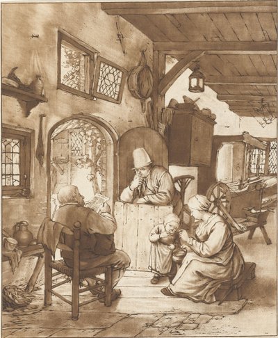 Krantlezer in interieur door Cornelis Ploos van Amstel (signed by artist)