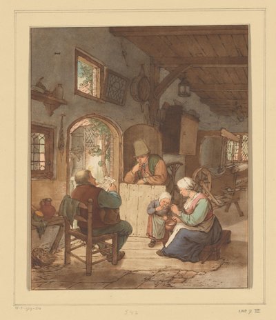 Krantlezer in interieur door Cornelis Ploos van Amstel (signed by artist)