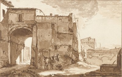Poort met reiziger en muildier door Cornelis Ploos van Amstel (signed by artist)