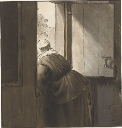 Vrouw leunend over een onderdeur door Cornelis Ploos van Amstel (signed by artist)