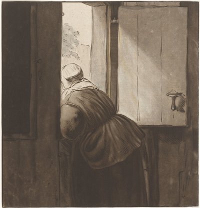 Vrouw leunend over een onderdeur door Cornelis Ploos van Amstel (signed by artist)