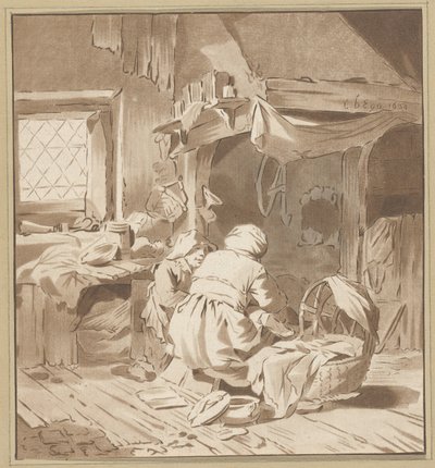 Boereninterieur met twee vrouwen door Cornelis Ploos van Amstel