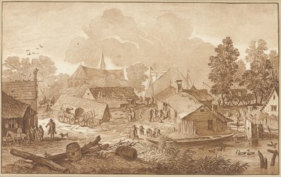 Dorpsgezicht met vijver door Cornelis Ploos van Amstel
