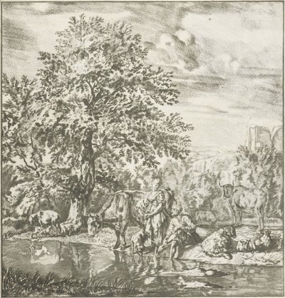 Herder en herderin met kudde bij een rivier door Cornelis Ploos van Amstel