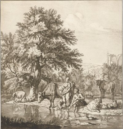 Herder en herderin met kudde bij een rivier (prentwerk) door Cornelis Ploos van Amstel