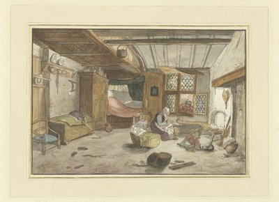 Interieur met vrouw bij wieg door Cornelis Ploos van Amstel