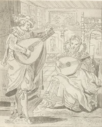 Luitspelende heer en dame door Cornelis Ploos van Amstel
