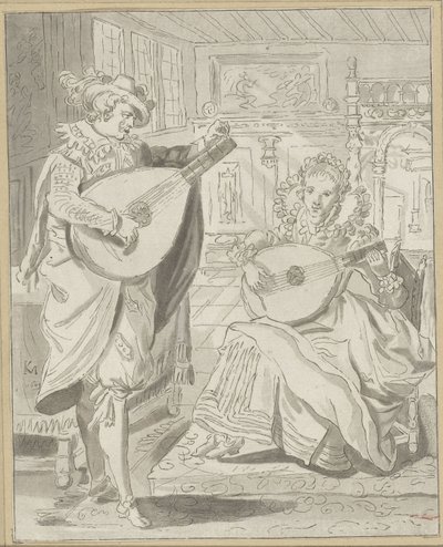 Luitspelende heer en dame door Cornelis Ploos van Amstel