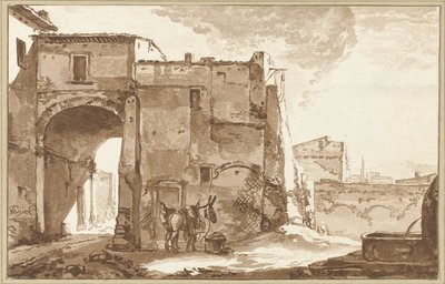 Poort met reiziger en muildier door Cornelis Ploos van Amstel