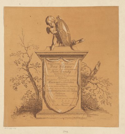 Staande putto op een monument met opdracht aan Jonas Witsen door Cornelis Ploos van Amstel