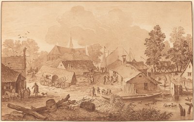 Dorp met vijver door Cornelis Ploos van Amstel