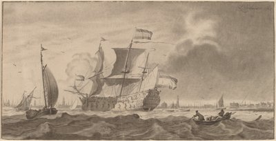 Oorlogsschip in de Y door Cornelis Ploos van Amstel and Bernhard Schreuder, after Ludolf Backhuysen