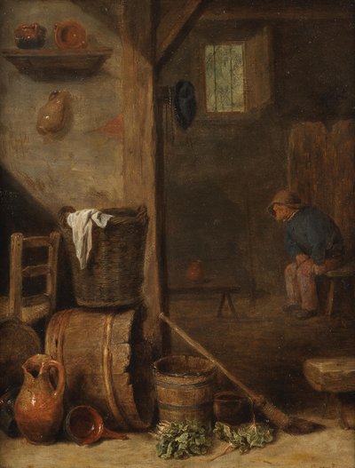 Een keukeninterieur met een figuur zittend in de aangrenzende kamer door Cornelis Saftleven