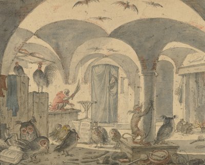 Een betoverde kelder met dieren door Cornelis Saftleven