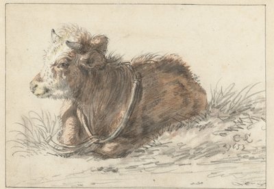 Liggend kalf, naar links door Cornelis Saftleven