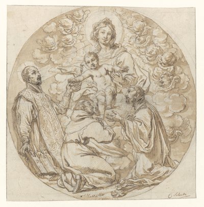 Maria met kind aanbeden door H. Ignatius van Loyola, H. Franciscus Xaverius en heilige monnik door Cornelis Schut (I)